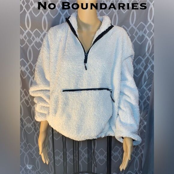 🔴No Boundaries S:XL (15-17) Half Zip White Sherpa Pull Over w/front Zip Pocket - Picture 1 of 4
